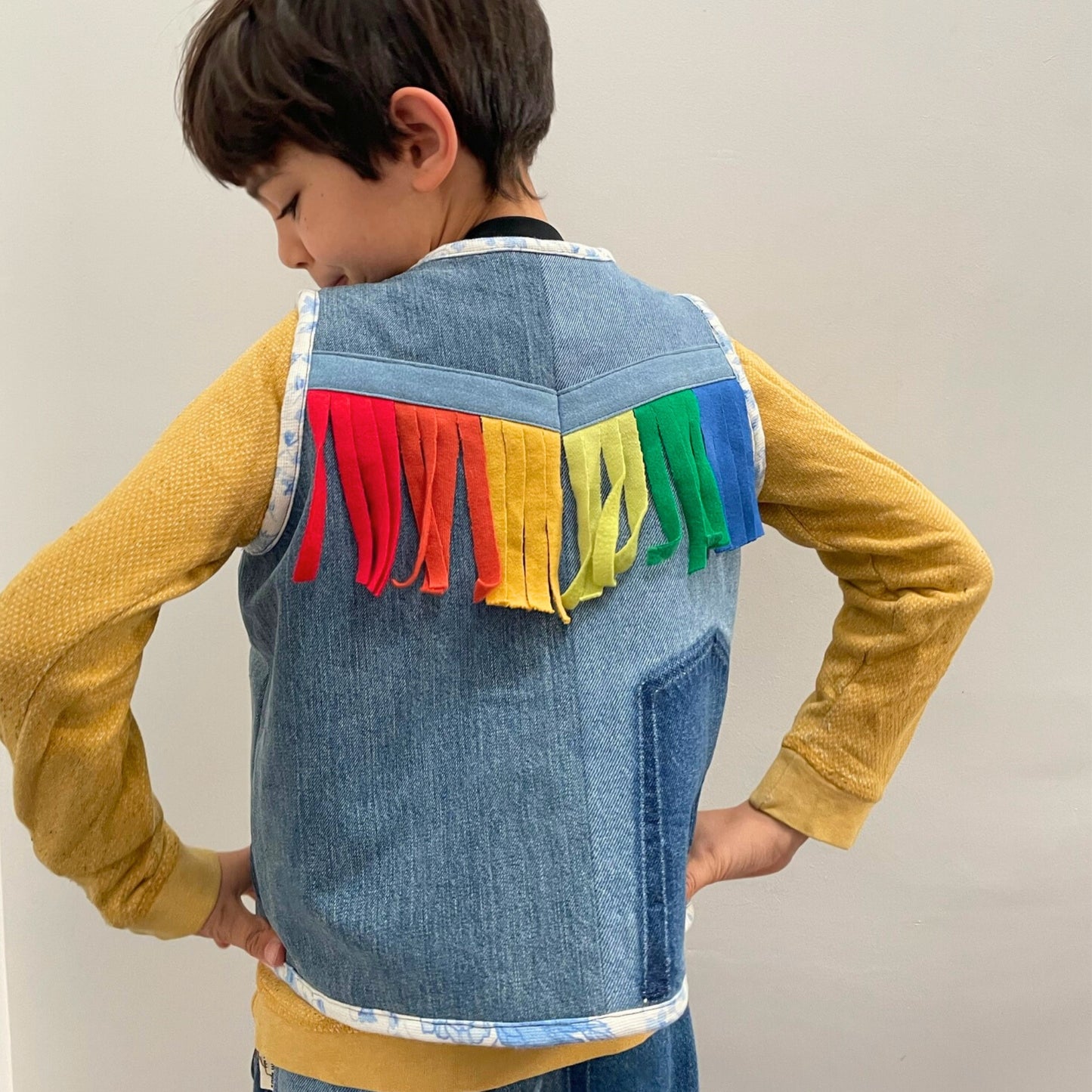Denim Waistcoat with Rainbow Fringe