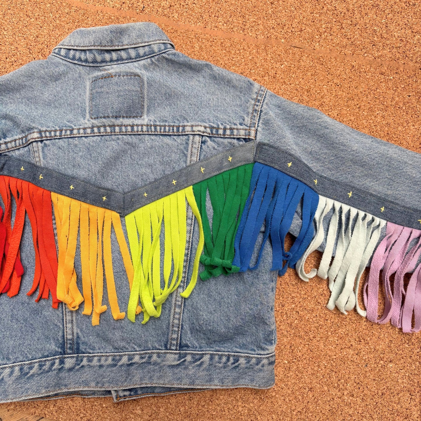 Rainbow Fringe Upcycled Denim Jacket