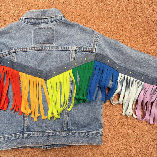 Rainbow Fringe Upcycled Denim Jacket