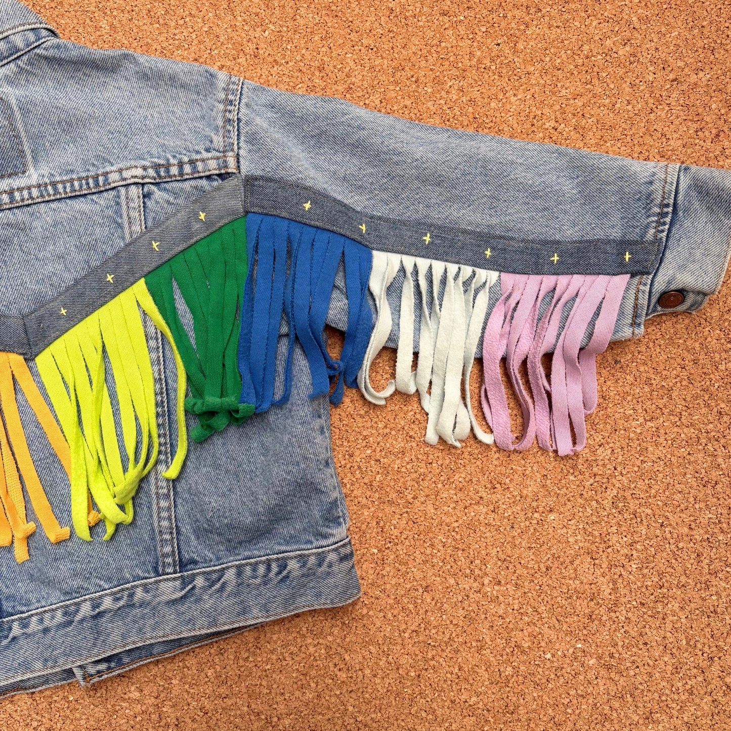 Rainbow Fringe Upcycled Denim Jacket