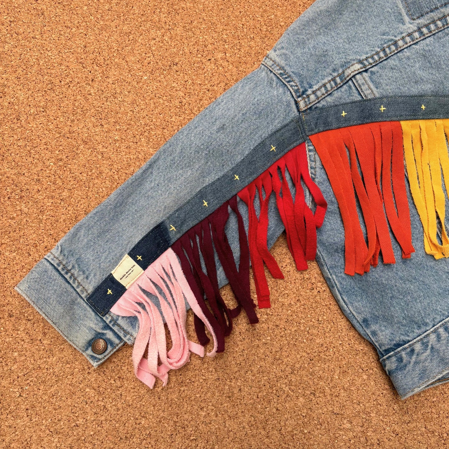 Rainbow Fringe Upcycled Denim Jacket