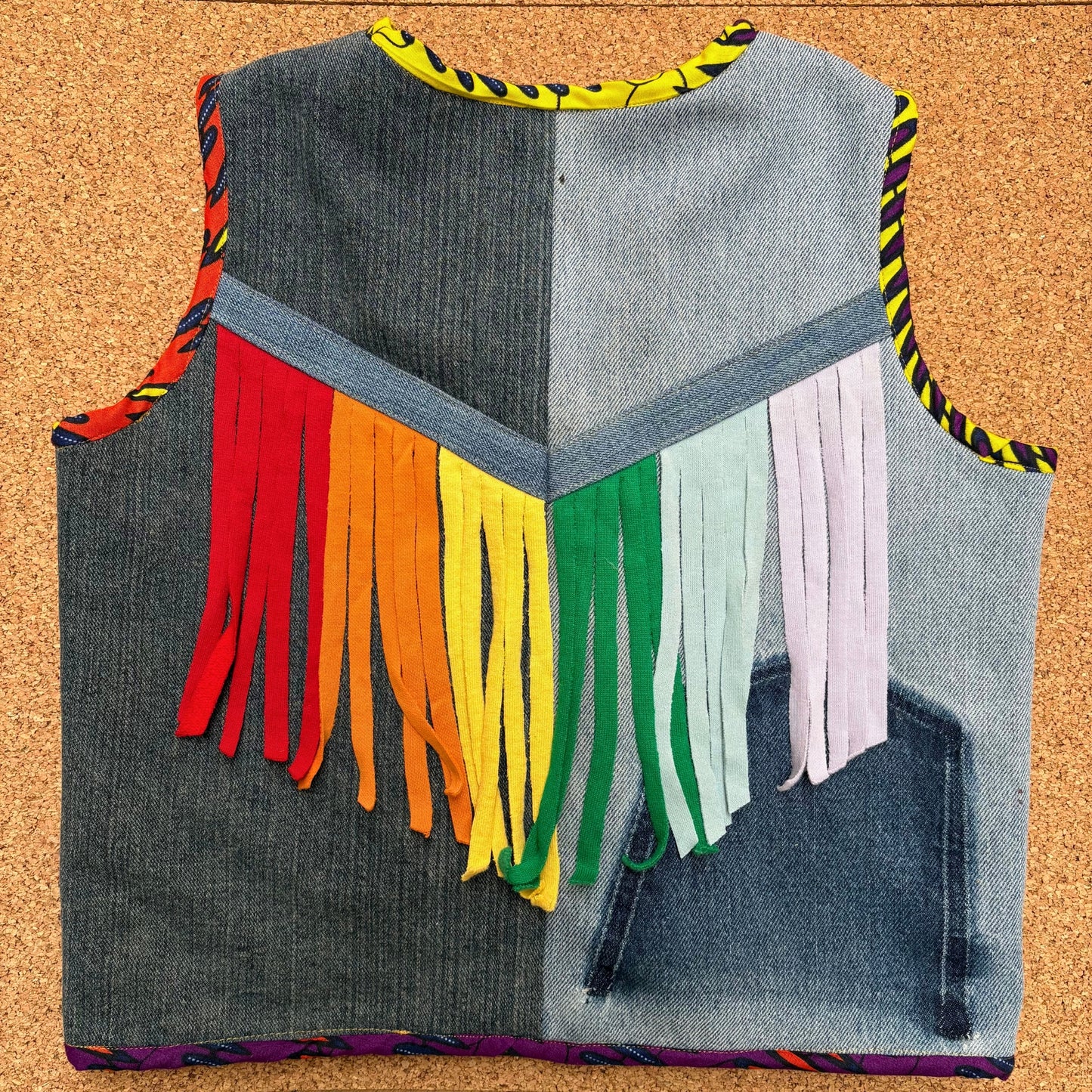 Denim Waistcoat with Rainbow Fringe