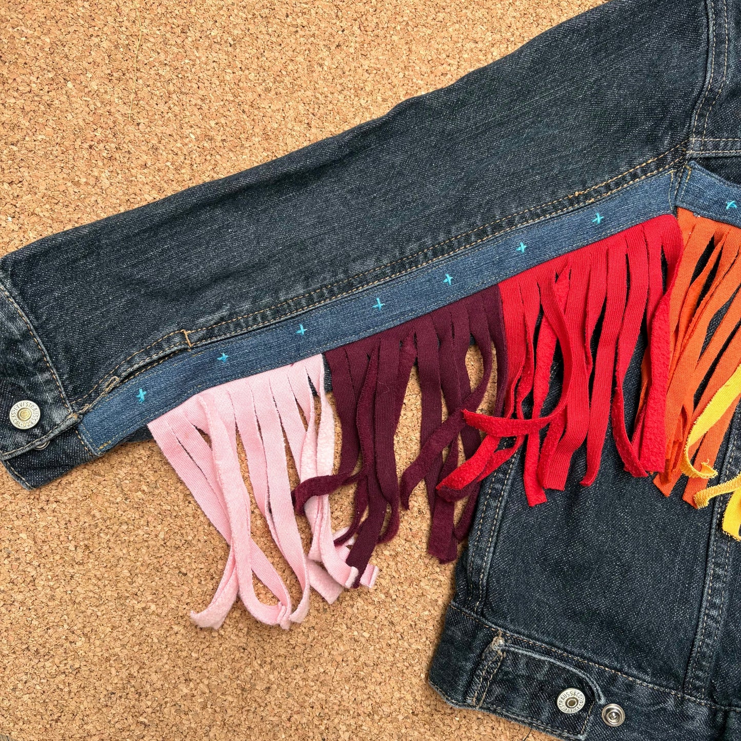 Rainbow Fringe Upcycled Denim Jacket