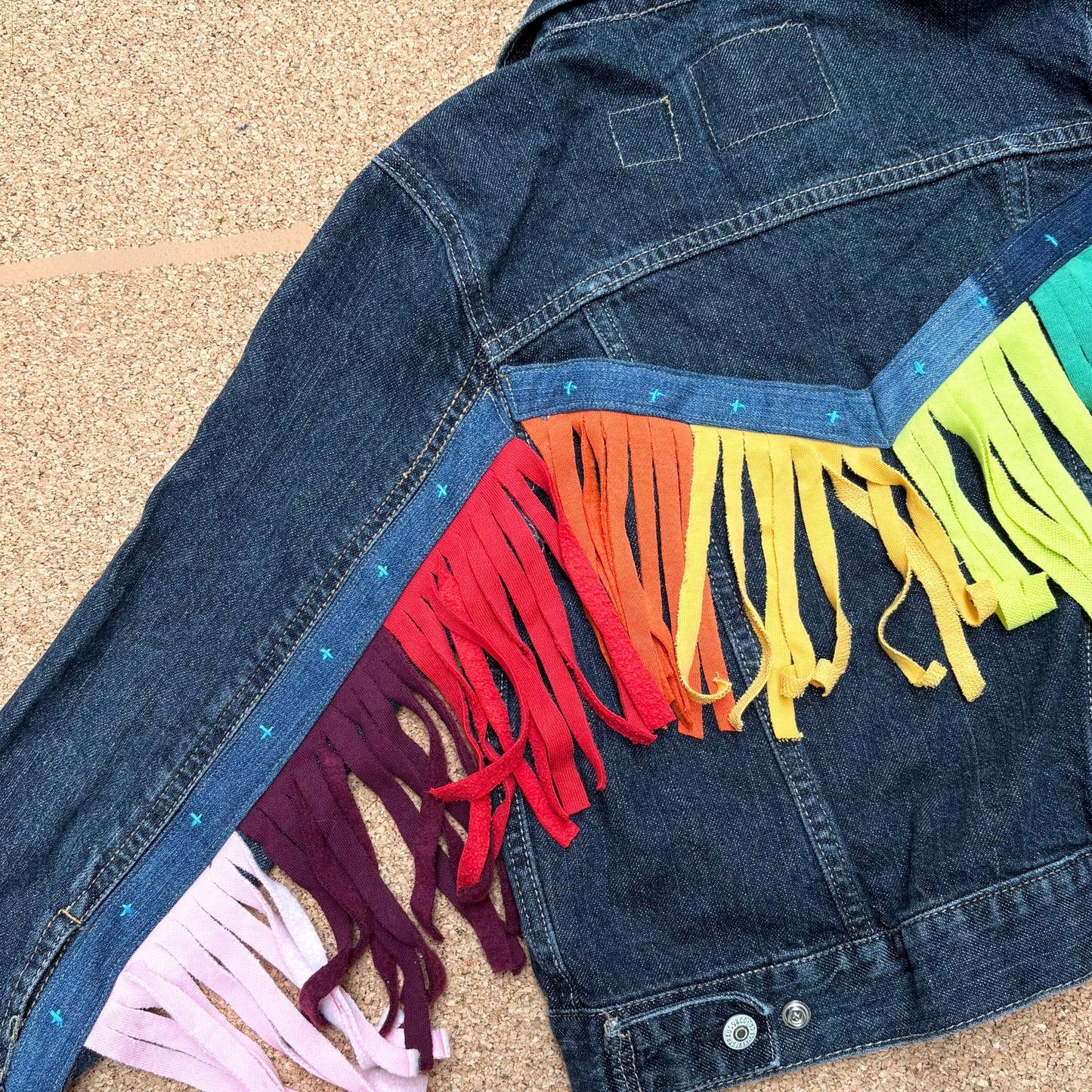 Rainbow Fringe Upcycled Denim Jacket