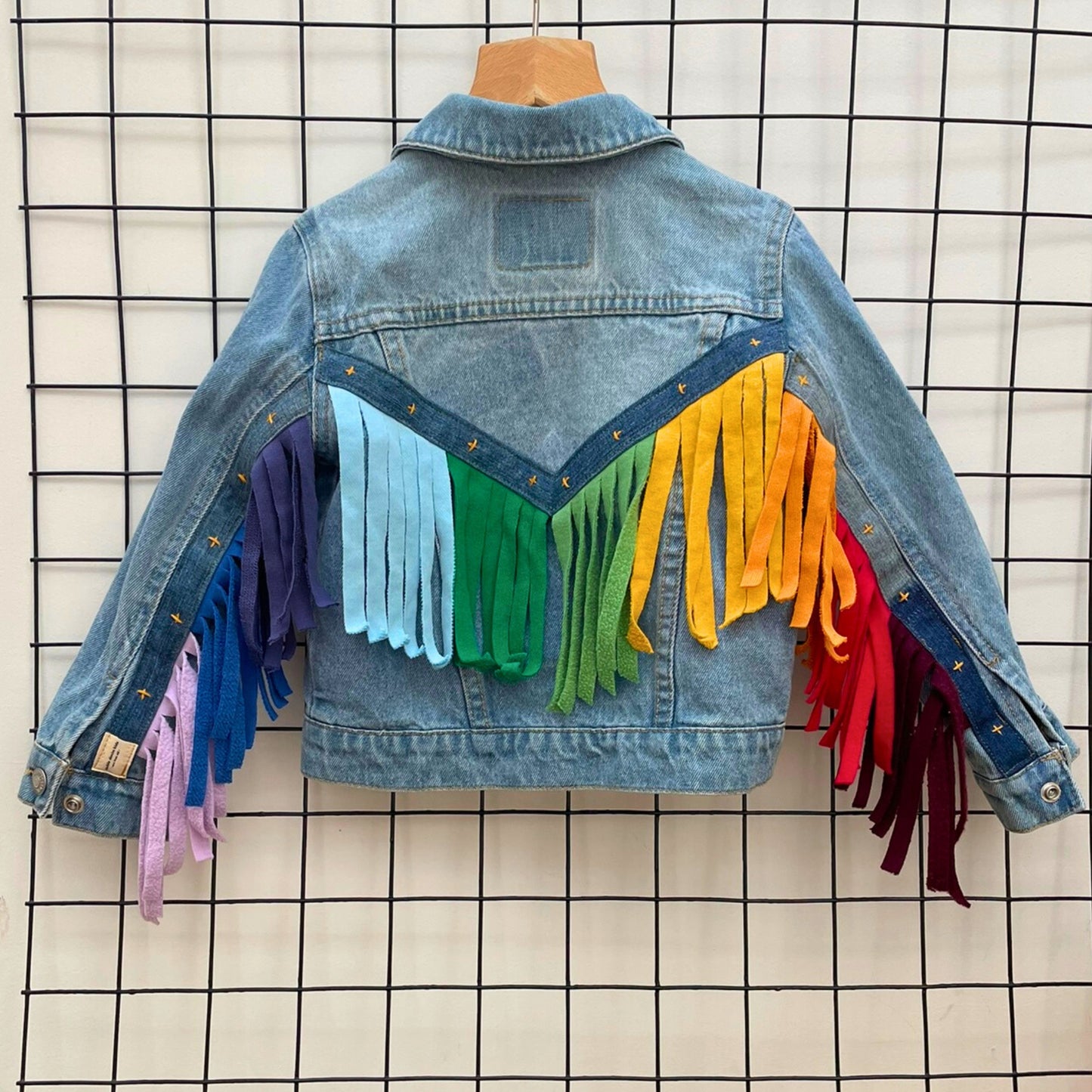 Rainbow Fringe Upcycled Denim Jacket