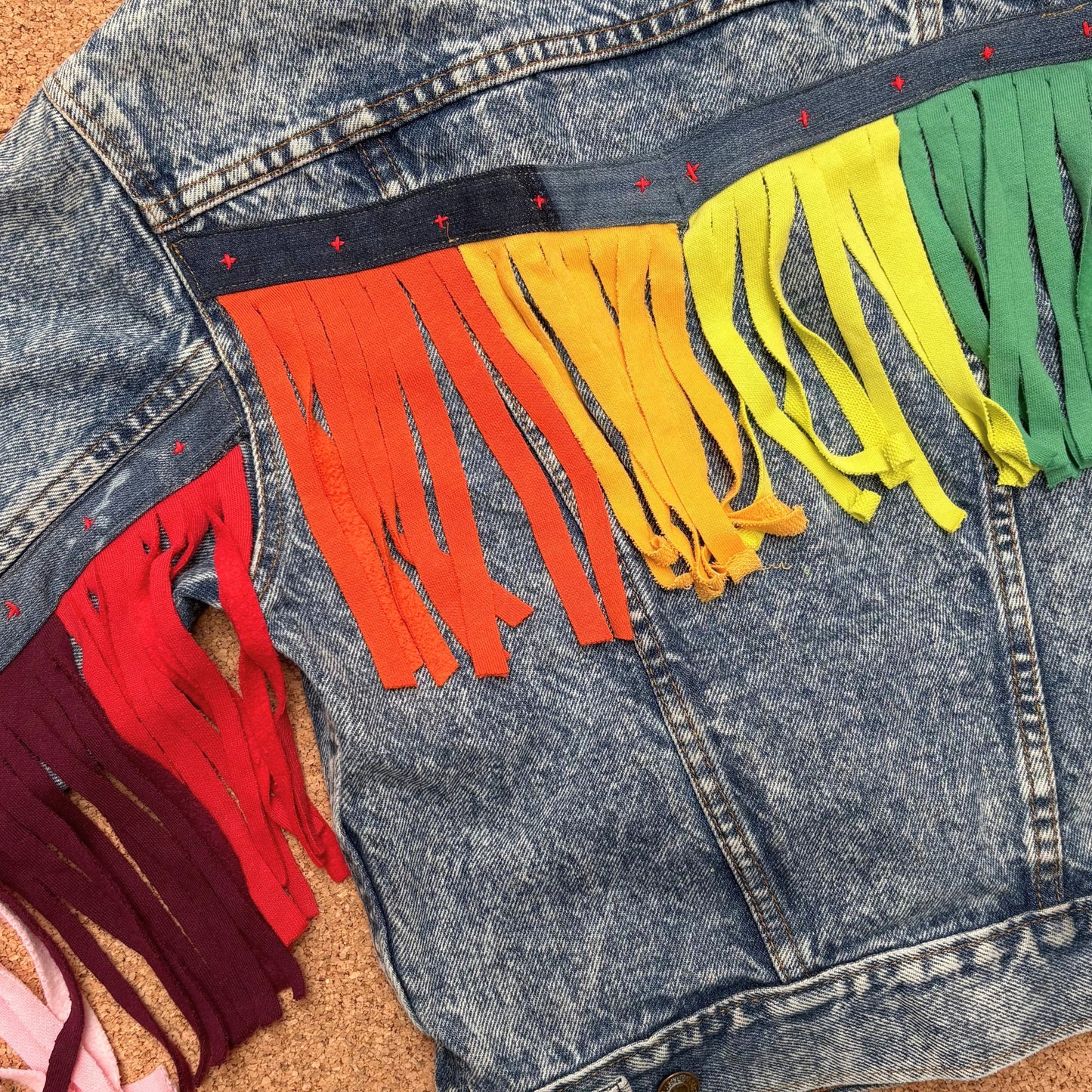 Rainbow Fringe Upcycled Denim Jacket